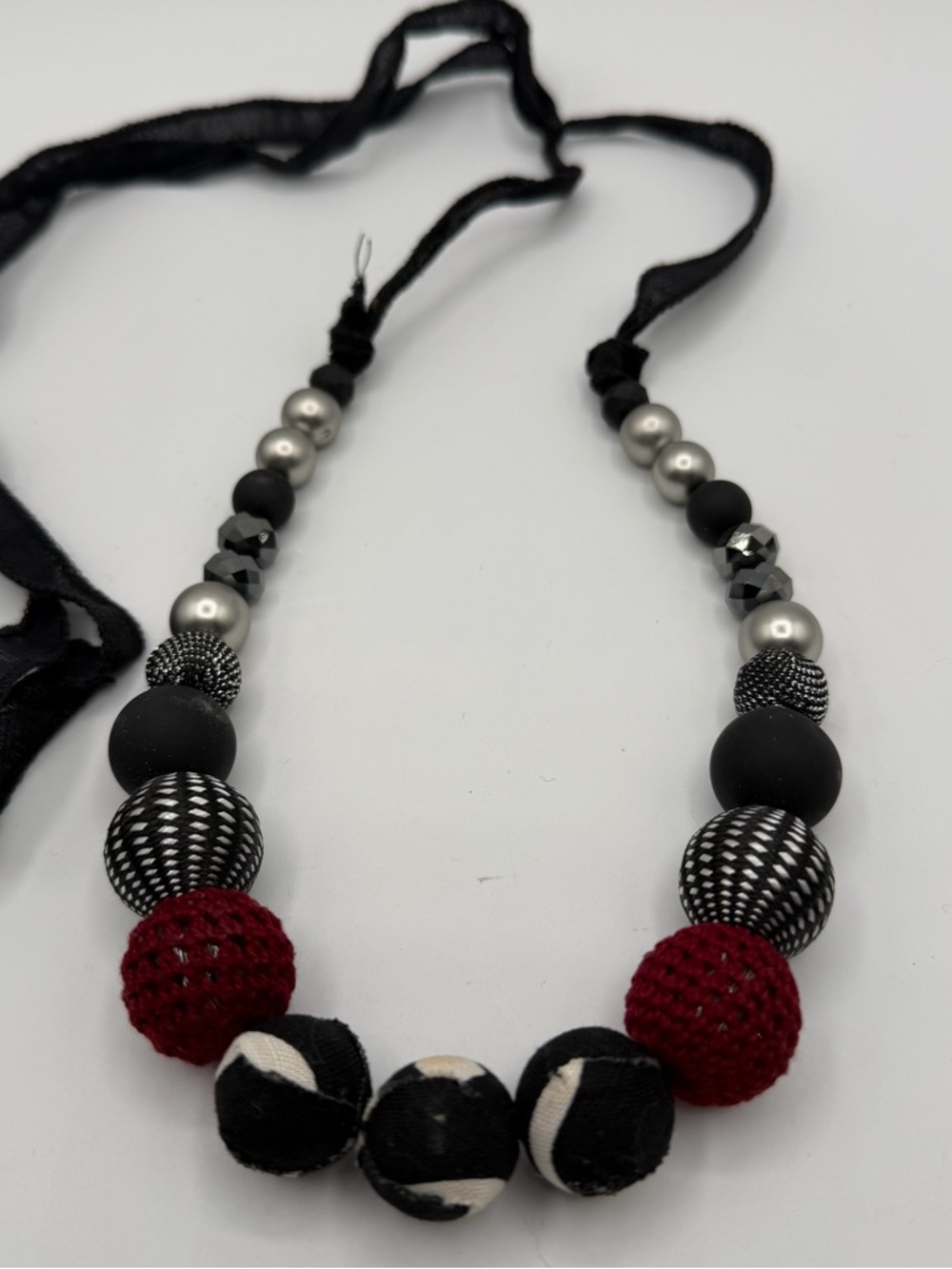 Statement Beaded Necklace Black Red Mixed Media Ribbon Tie Boho Art
